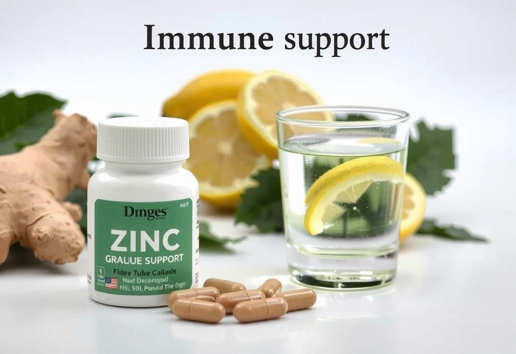 Cápsulas de zinc y un vaso de agua, con un limón y jengibre en el fondo, sugiriendo inmunidad