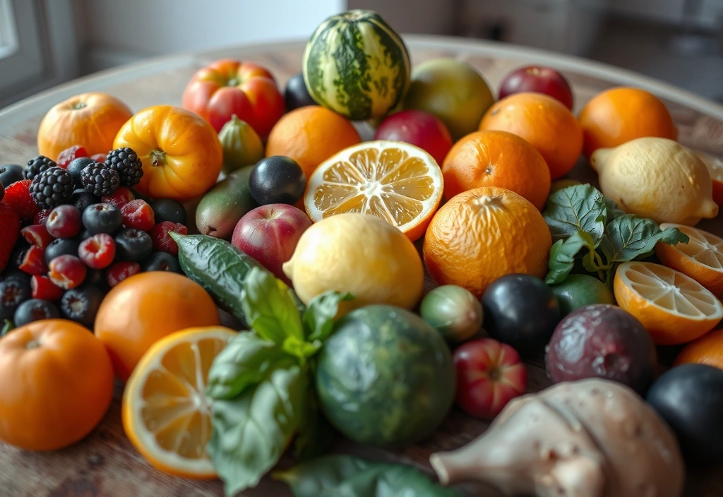 Variedad de frutas frescas y vegetales coloridos dispuestos artísticamente en una mesa de cocina