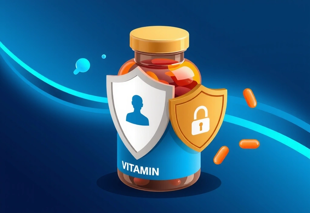 Ilustración de un frasco de vitaminas con un escudo de protección, simbolizando la seguridad y privacidad de los datos.