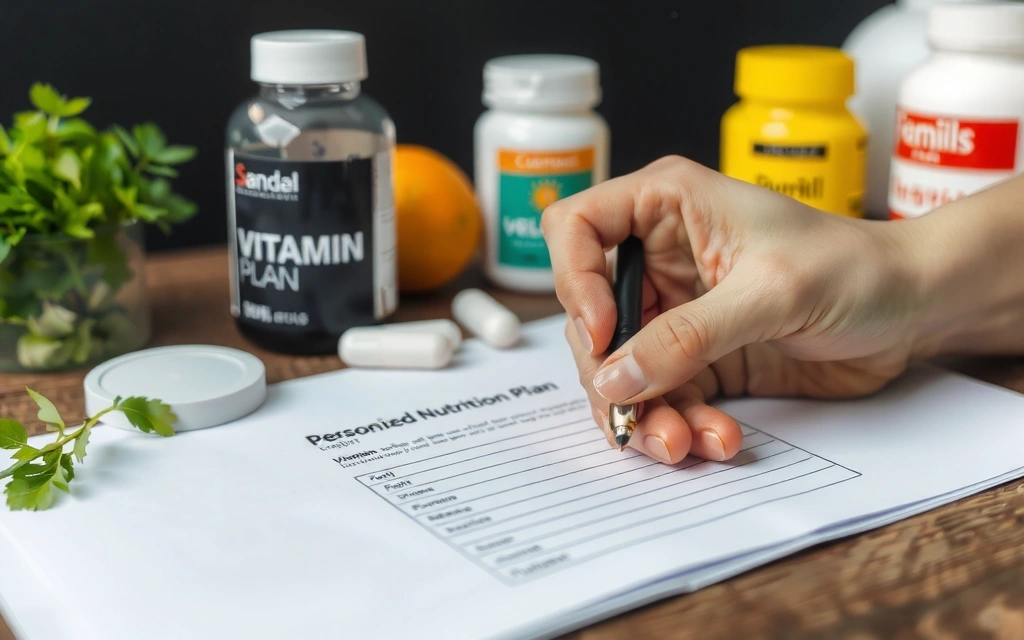 Mano escribiendo notas en un plan de nutrición personalizado con suplementos en el fondo.