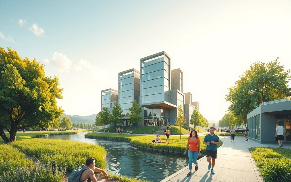 Ilustración futurista de crecimiento sostenible y bienestar comunitario